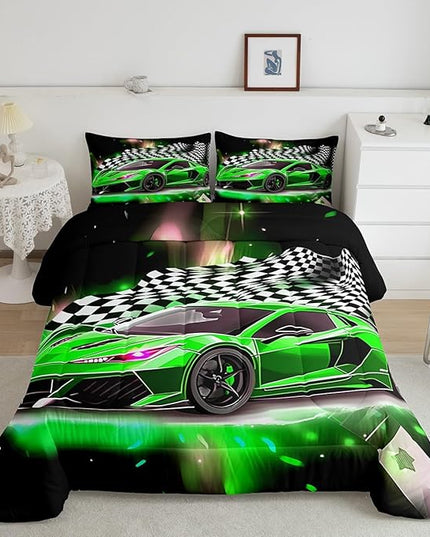 Feelyou Race Car Bedding Set Twin Size,Boys Extreme Sports Comforter Set for Kids Boys Car Racing Gifts,Green Cool Car Comforter Car Sports Quilt Set 1 Comforter with 1 Pillowcase Car Racing Gifts - LeafyLoom