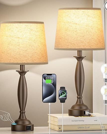 Beige Brown Lamps for Bedrooms Set of 2 - Touch Control Bedside Lamp with USB C+A, 3 Way Dimmable Nightstand Lamps with USB Port, Table Lamp for Living Room(Beige Shade and Brown Base) - LeafyLoom