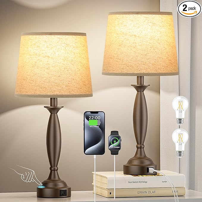 Beige Brown Lamps for Bedrooms Set of 2 - Touch Control Bedside Lamp with USB C+A, 3 Way Dimmable Nightstand Lamps with USB Port, Table Lamp for Living Room(Beige Shade and Brown Base) - LeafyLoom