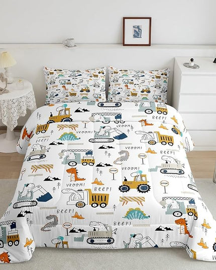 Feelyou Construction Bedding Set King Size Equipment Trucks Comforter Set for Kids Boys Girls Decor Dinosaur Comforter 3D Digital Print Yellow Duvet Set Bedroom Quilt Set - LeafyLoom