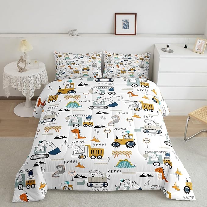 Feelyou Construction Bedding Set King Size Equipment Trucks Comforter Set for Kids Boys Girls Decor Dinosaur Comforter 3D Digital Print Yellow Duvet Set Bedroom Quilt Set - LeafyLoom