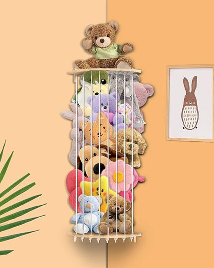 Corner Stuffed Animal Storage Wood Plush Toys Hanging Organizer Length Adjustable Stuffed Animal Holder with Moon Star Pattern Kids Toy Shelf Large Toy Storage for Nursery Playroom Bedroom Furniture - LeafyLoom