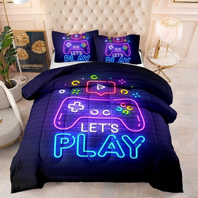 Kids Comforter Set for Boys,Gamer Bedding Sets for Boys,Teen Boy Comforter Set Full,Boys Full Bedding Set,Gaming Comforter Sets Including 1 Gaming Comforter&2 Pillowcases - LeafyLoom