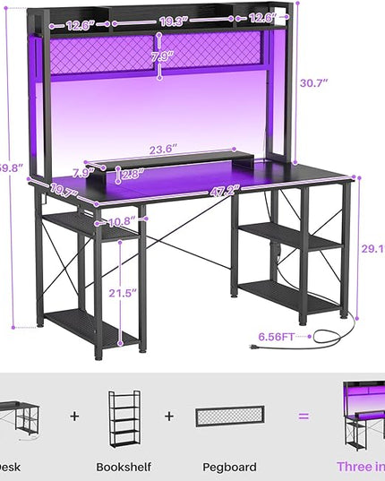 armocity 2024 Upgrade Gaming Desk with Hutch, 48'' Magic Computer Desk with LED Lights and Outlets, Reversible Workstation Desk with Pegboard and Monitor Stand, 48 Gamer Desk PC Table, Black - LeafyLoom