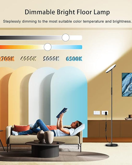 LED Floor Lamp, 2400LM Super Bright Standing Lamp 250W Equivalent with 2700K-6500K Stepless Dimming, Modern Torchiere Sky Lamp with Remote & Touch Control, 69" Tall Lamp for Living Room Bedroom Office - LeafyLoom