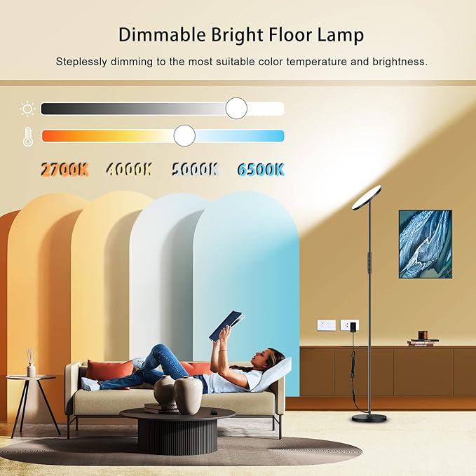 LED Floor Lamp, 2400LM Super Bright Standing Lamp 250W Equivalent with 2700K-6500K Stepless Dimming, Modern Torchiere Sky Lamp with Remote & Touch Control, 69" Tall Lamp for Living Room Bedroom Office - LeafyLoom