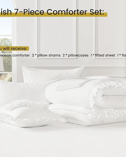 King Size Bed in a Bag 7 Pieces King Size Comforter Set, Ruffle Shabby Chic Bedding Comforter Set White Bed Set with Comforter, Pillowcases, Flat Sheet, Fitted Sheet and Pillow Shams - LeafyLoom