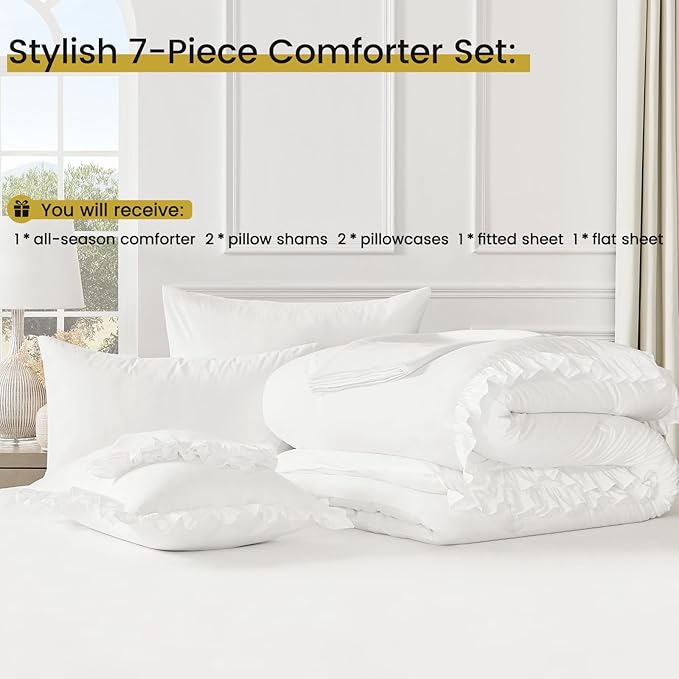 King Size Bed in a Bag 7 Pieces King Size Comforter Set, Ruffle Shabby Chic Bedding Comforter Set White Bed Set with Comforter, Pillowcases, Flat Sheet, Fitted Sheet and Pillow Shams - LeafyLoom