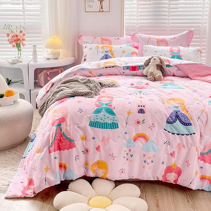 Wajade Kids Pink Princess Comforter Set Bed in a Bag Twin Size 7 Piece Princess Fairy Tales Castle Bedding Set for Girls (1 Comforter, 1 Flat Sheet, 1 Fitted Sheet, 2 Pillowcase and 2 Pillow Sham) - LeafyLoom