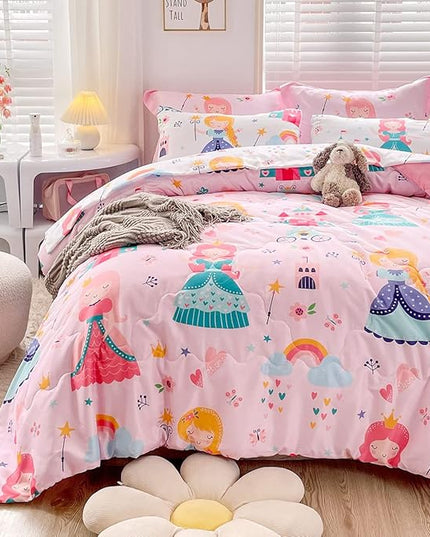 Wajade Kids Pink Princess Comforter Set Bed in A Bag Full Size 7 Piece Princess Fairy Tales Castle Bedding Set for Girl (1 Comforter, 1 Flat Sheet, 1 Fitted Sheet, 2 Pillowcase and 2 Pillow Sham) - LeafyLoom