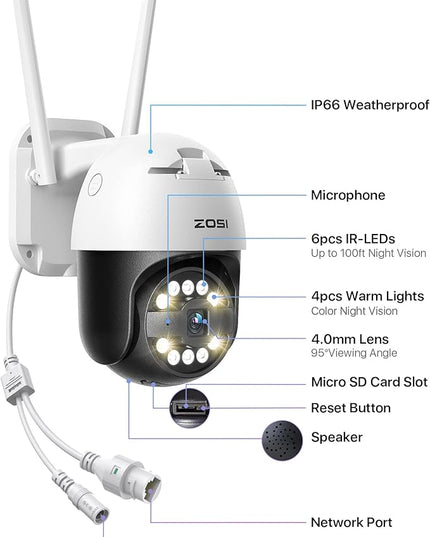 ZOSI 3K 5MP Pan/Tilt WiFi Security Camera, C296 Plug-in Home Surveillance Camera Outdoor, Person Vehicle Detection, Human Tracking, Night Vision, 2 Way Audio, Floodlight Siren, Cloud & SD Card Storage ZOSI