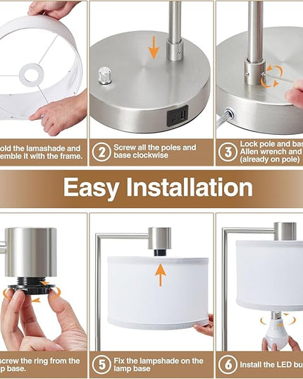 Luvkczc Table Lamp for Bedroom Set of 2 with USB C+A Ports - Fully Stepless Dimmable Bedside Lamp with Linen Lampshade - Contemporary Lamp for Living Room Reading Office, 2 LED Bulbs Included (Silver) - LeafyLoom