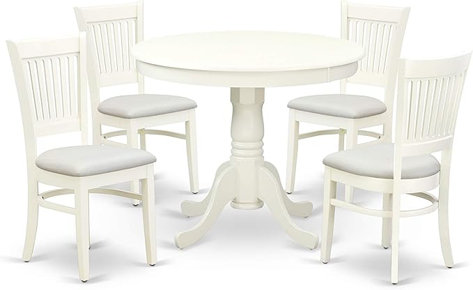 East West Furniture ANVA5-LWH-C 5 Piece Dining Room Table Set Includes a Round Kitchen Table with Pedestal and 4 Linen Fabric Upholstered Dining Chairs, 36x36 Inch, Linen White - LeafyLoom