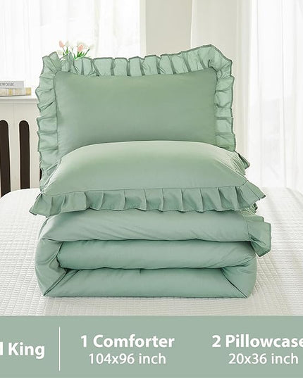 Andency Sage Green California King Comforter Set, 3 Pieces Farmhouse Shabby Chic Cal King Size Ruffle Bed Set, Oversized Soft Lightweight Microfiber Bedding Set - LeafyLoom