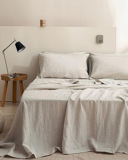 Simple&Opulence 100% Linen Sheet Set Solid Color-4 Pcs Washed French Bed Sheets(1 Flat Sheet,1 Fitted Sheet,2 Pillowcases)-Breathable Bedding Set (Linen, King) - LeafyLoom