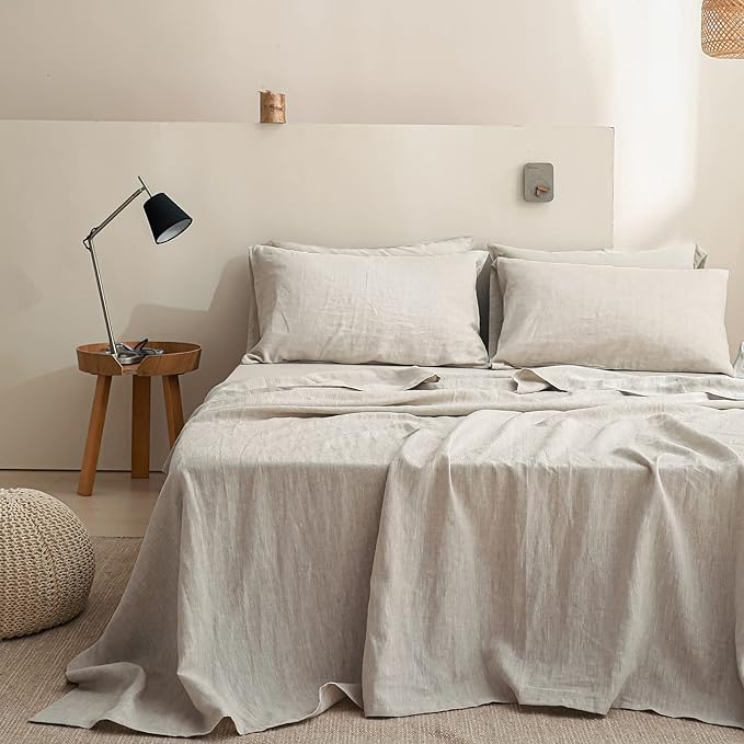 Simple&Opulence 100% Linen Sheet Set Solid Color-4 Pcs Washed French Bed Sheets(1 Flat Sheet,1 Fitted Sheet,2 Pillowcases)-Breathable Bedding Set (Linen, King) - LeafyLoom