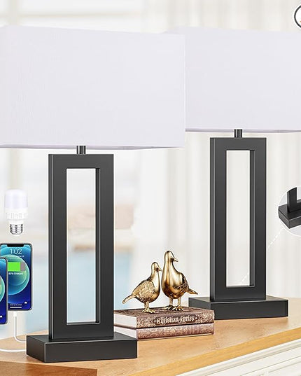 22" Tall Living Room Lamps for Night Stands - Touch Bedside Lamp with USB C+A, 3 Way Dimmable bedroom Lamps for End Tables Set of 2, Modern Night Stand Lamps for Bed Side(White&Black) - LeafyLoom