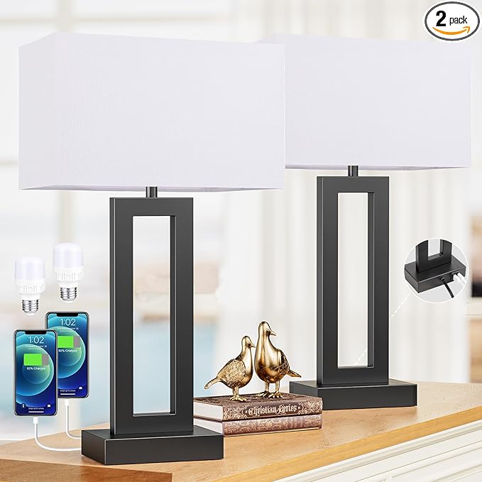 22" Tall Living Room Lamps for Night Stands - Touch Bedside Lamp with USB C+A, 3 Way Dimmable bedroom Lamps for End Tables Set of 2, Modern Night Stand Lamps for Bed Side(White&Black) - LeafyLoom