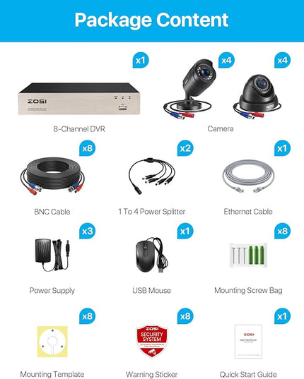 ZOSI 3K Lite 8CH Home Security Camera System Outdoor,8Channel H.265+ CCTV DVR,8pcs 1080p Weatherproof Surveillance Bullet Dome Cameras,Night Vision,AI Human/Vehicle Detection,Remote Access(No HDD) ZOSI