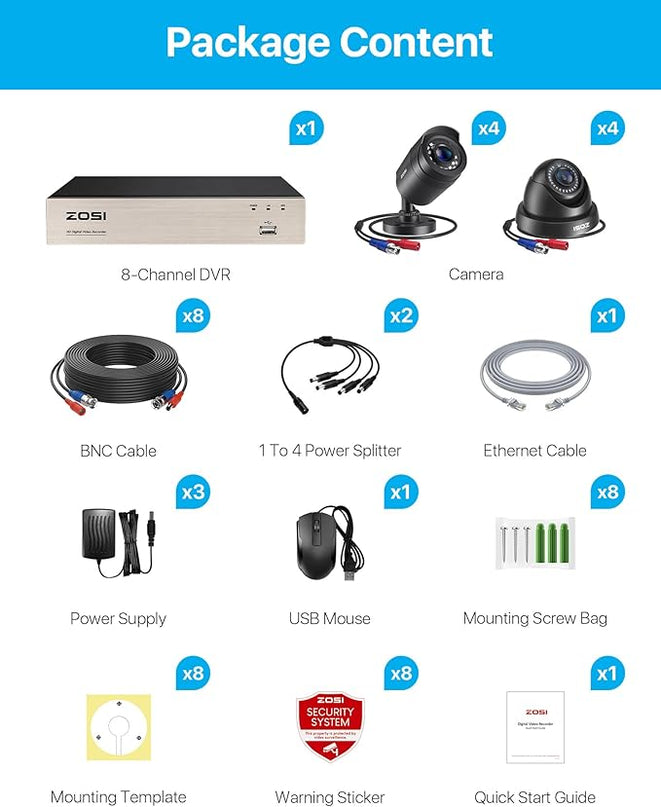 ZOSI 3K Lite 8CH Home Security Camera System Outdoor,8Channel H.265+ CCTV DVR,8pcs 1080p Weatherproof Surveillance Bullet Dome Cameras,Night Vision,AI Human/Vehicle Detection,Remote Access(No HDD) ZOSI