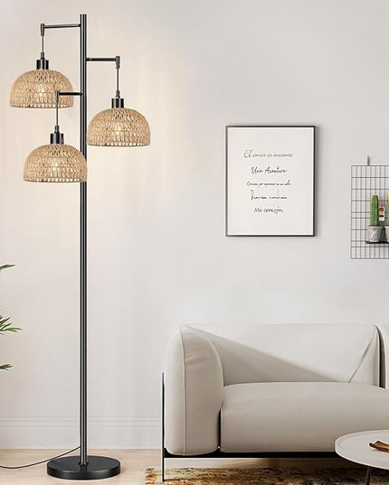 Floor Lamp for Living Room,Bedroom,3-Lights Boho Rattan Floor Lamps,Tree Farmhouse Industrial Black Standing Lamp Wicker Rustic Tall Lamp,Woven Bamboo LampShade Floor Light Bohemian - LeafyLoom