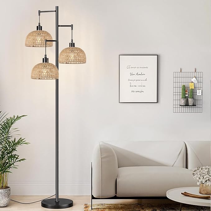 Floor Lamp for Living Room,Bedroom,3-Lights Boho Rattan Floor Lamps,Tree Farmhouse Industrial Black Standing Lamp Wicker Rustic Tall Lamp,Woven Bamboo LampShade Floor Light Bohemian - LeafyLoom
