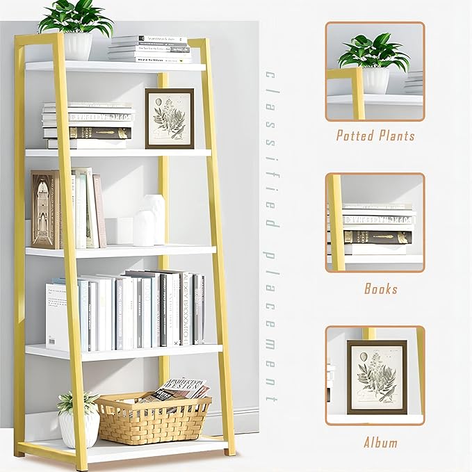 IOTXY 4 Tier Open Bookshelf - Steel and Wood Display Stand, 50CM Width Floor-Standing Bookcase, Gold - LeafyLoom