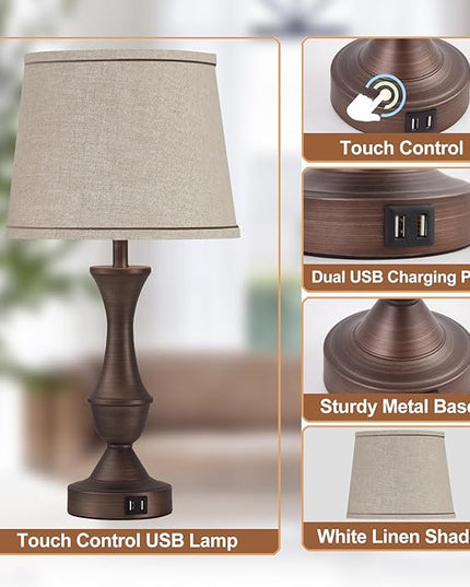 Luvkczc Table Lamps for Bedrooms Set of 2, Touch Bedside Lamps with USB C+A Ports, 3-Way Dimmable Nightstand Lamps for Bedroom, Living Room, Bulbs Included - LeafyLoom