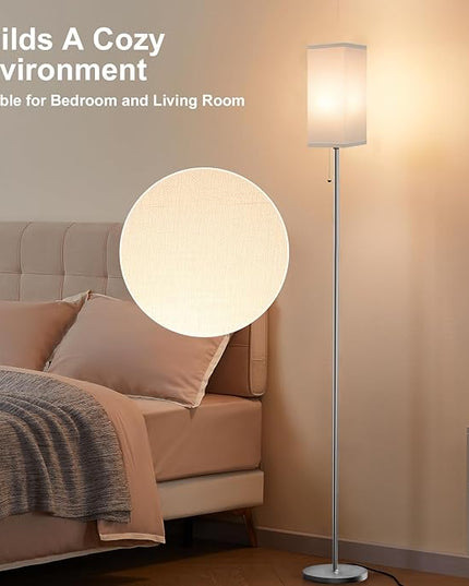 Floor Lamp for Living Room Bedroom - 3 Color Temperature Silver Standing Lamps with Pull Chain Switch, Modern Tall Lamp for Office Home Nursery, Pole Lamp with White Lampshade for Reading - LeafyLoom