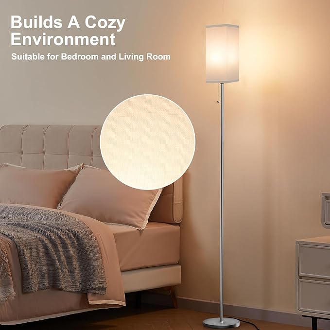 Floor Lamp for Living Room Bedroom - 3 Color Temperature Silver Standing Lamps with Pull Chain Switch, Modern Tall Lamp for Office Home Nursery, Pole Lamp with White Lampshade for Reading - LeafyLoom