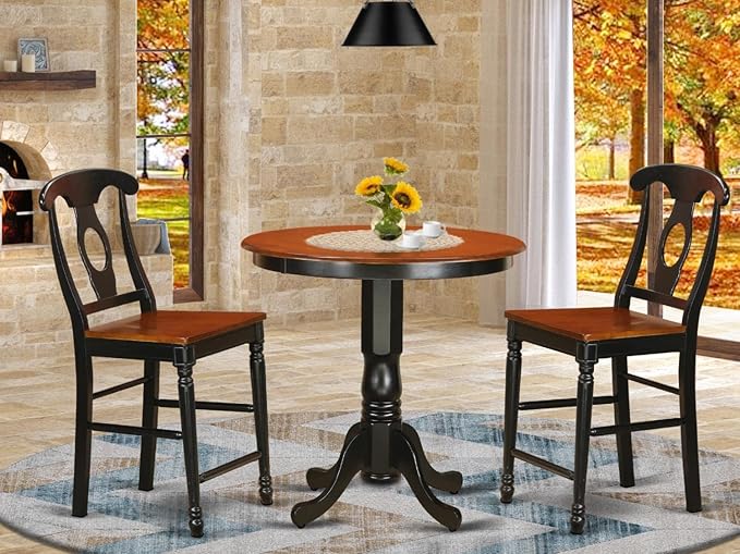 East West Furniture JAKE3-BLK-W 3 Piece Counter Height Dining Table Set Contains a Round Kitchen Table with Pedestal and 2 Dining Room Chairs, 36x36 Inch, Black & Cherry - LeafyLoom