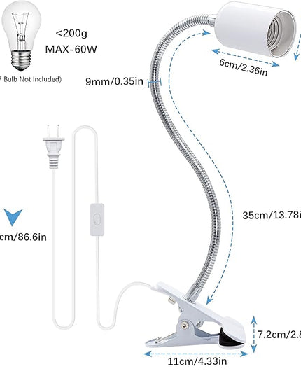 Clip Lamp Holder Adjustable Light Bulb Stand Clamp Lights Flexible Clamp Lamp E26/E27 Neck Clip Lighting Fixture Desk Lamp Holder with On/Off Switch Study Reading Lamp (No Bulb) - LeafyLoom