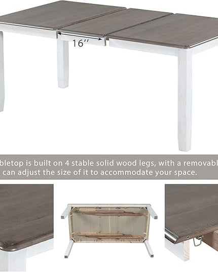 Retro Style 7 Piece Set with Extendable Table and 6 Upholstered Chairs, for Living, Dining Room, Home Bar and Kitchen, Brown+White - LeafyLoom