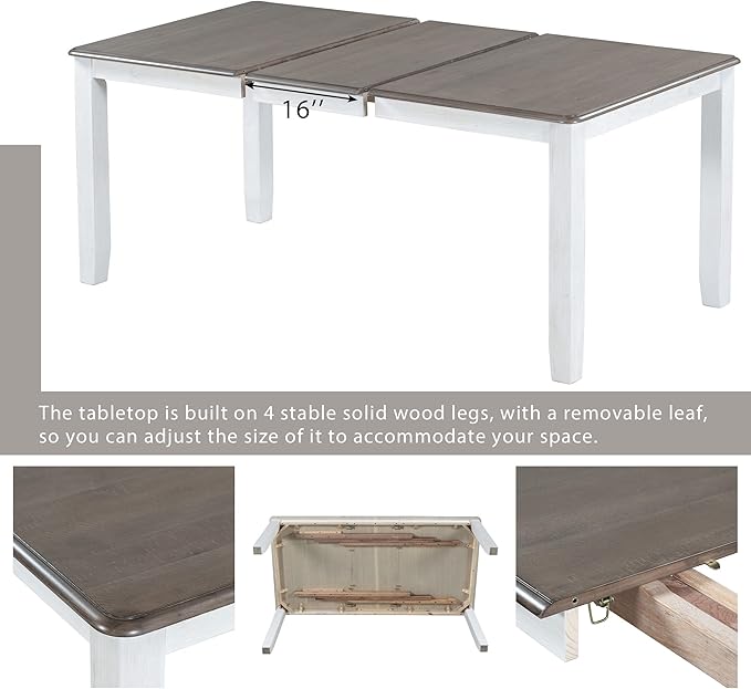 7-Piece Wooden Rectangular Extendable Dining Table and 6 Upholstered Chairs Set for Kitchen Room Furniture, Retro Style, Brown + White, 54"-70" L x 36" W x 30" H - LeafyLoom