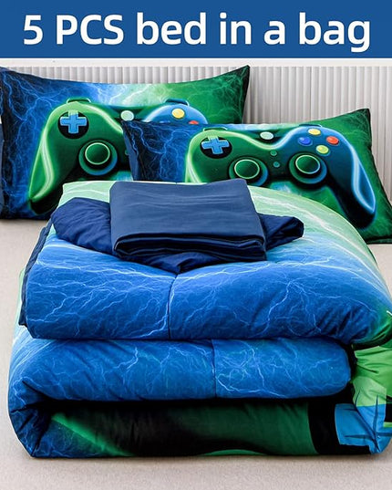 Meeting Story Gamer Gaming Bedding Sets Red Blue Lightnings Gamepad Comforter Set for Boys Games Console Action Buttons Novelty Colorful Modern Room Decor Home Quilt Set (Blue-Grenn, Queen 5Pcs) - LeafyLoom