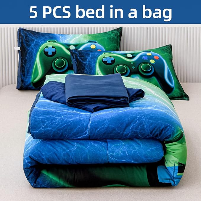 Meeting Story Gamer Gaming Bedding Sets Red Blue Lightnings Gamepad Comforter Set for Boys Games Console Action Buttons Novelty Colorful Modern Room Decor Home Quilt Set (Blue-Grenn, Queen 5Pcs) - LeafyLoom