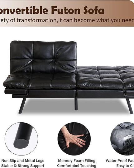 Futon Sofa Bed, Memory Foam Futon Sleeper Sofa Loveseat Convertible Couch Bed for Small Compact Living Spaces,Apartment,Black Leather - LeafyLoom