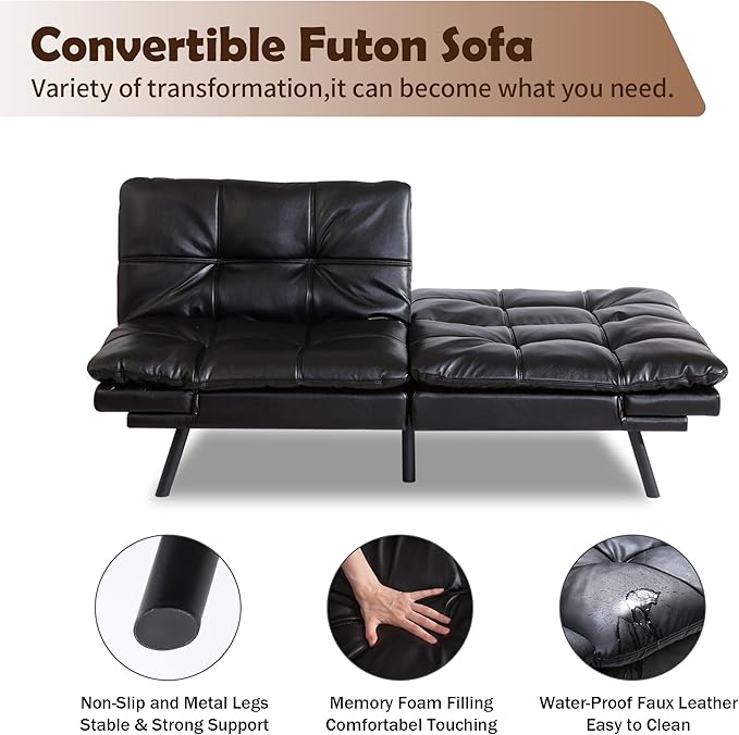 Futon Sofa Bed, Memory Foam Futon Sleeper Sofa Loveseat Convertible Couch Bed for Small Compact Living Spaces,Apartment,Black Leather - LeafyLoom