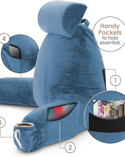 Clara Clark Reading Pillow, Large Back Pillow for Sitting Up in Bed, Memory Foam Back Support Pillow, Reading Pillows for Sitting in Bed Adult, Blue Heaven Sit Up Pillow for Bed with Arms and Pockets - LeafyLoom