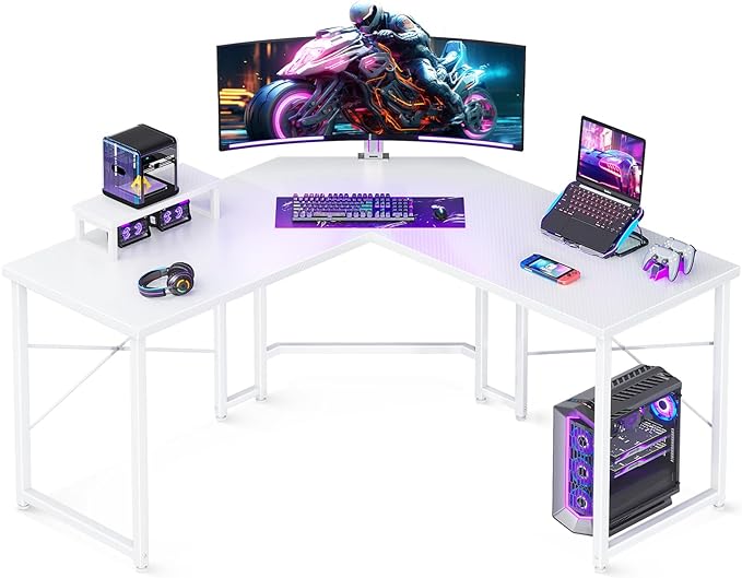 Casaottima L Shaped Gaming Desk with Monitor Stand, Corner Desk Gaming Table for Home Office, Computer Desk Sturdy Writing Workstation for Small Space, 51 inch, Carbon Fiber Surface, White - LeafyLoom