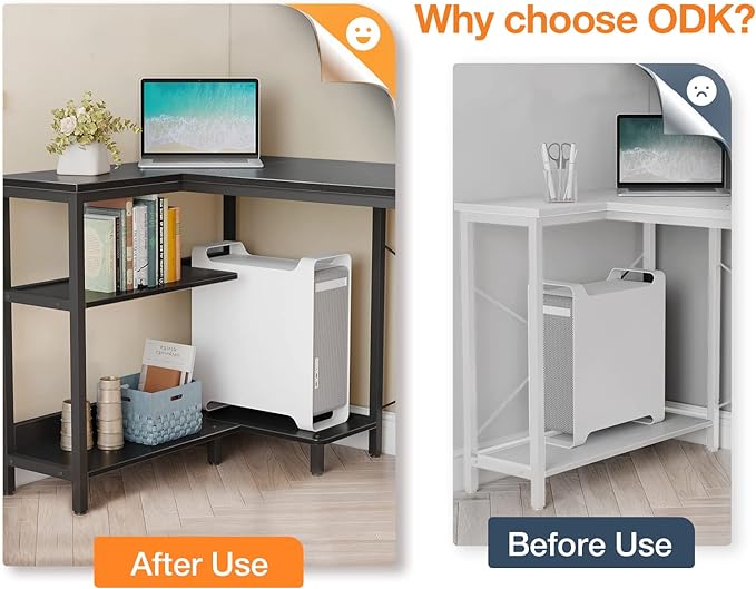ODK 48 Inch Small L Shaped Gaming Computer Desk with Power Outlets, Reversible Storage Shelves & PC Stand for Home Office, Simple Writing Study Table with Storage Bag for Small Space, Black - LeafyLoom