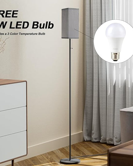 Grey Floor Lamp for Bedroom Modern - 3 Color Temperature Black Standing Lamps with Pull Chain Switch, Tall Lamp for Office Home Nursery and Hotel, Pole Lamp for Reading - LeafyLoom