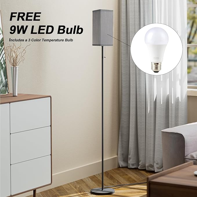 Grey Floor Lamp for Bedroom Modern - 3 Color Temperature Black Standing Lamps with Pull Chain Switch, Tall Lamp for Office Home Nursery and Hotel, Pole Lamp for Reading - LeafyLoom