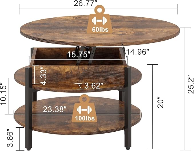 FABATO Round Lift Top Coffee Table with Storage and Hidden Compartment, 26.77'' Farmhouse Coffee Table for Living Room Reception Room, 2 Tier Small Round Coffee Table Circle Dining Table, Rustic Brown - LeafyLoom