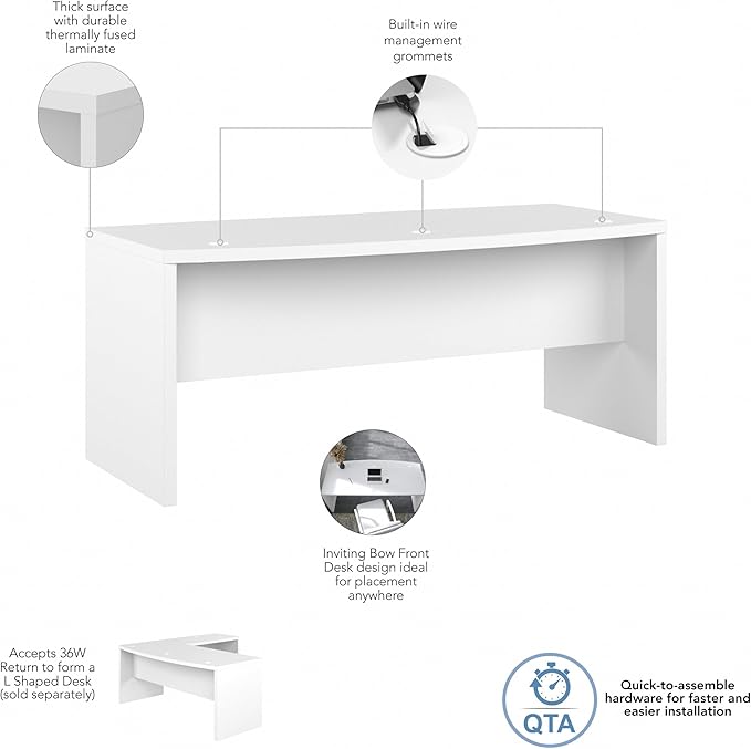 Bush Business Furniture Echo Bow Front Desk, 72W, Pure White - LeafyLoom