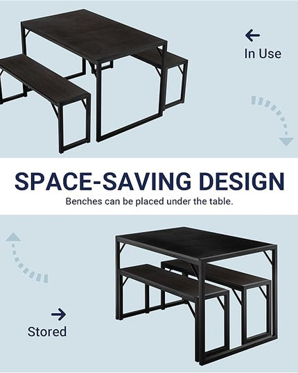 Allewie 3-Piece Kitchen Dining Table Sets with Benches, Sturdy Triangle Structure, Space-Saving, Multifunctional for Dining Room/Living Room/Studio, Black & Black - LeafyLoom
