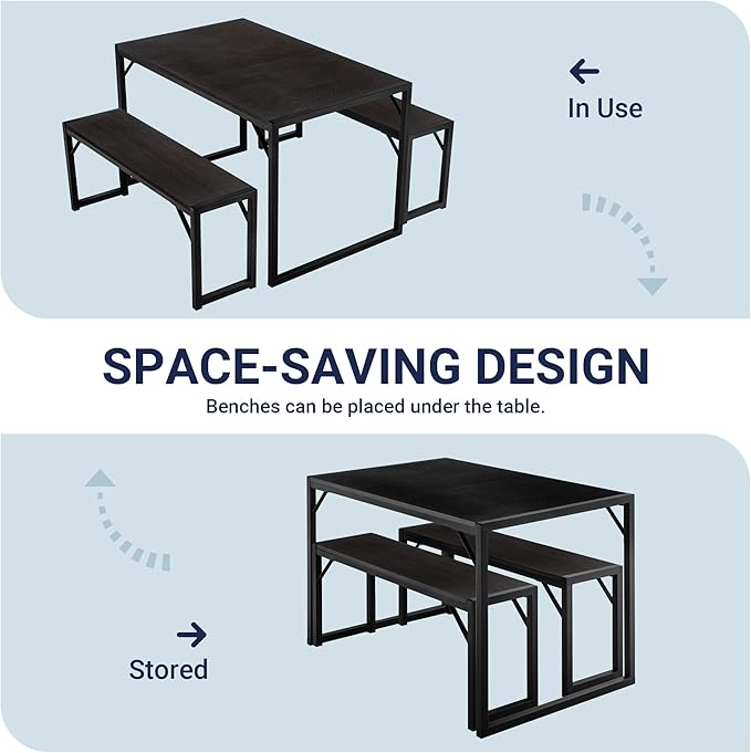 Allewie 3-Piece Kitchen Dining Table Sets with Benches, Sturdy Triangle Structure, Space-Saving, Multifunctional for Dining Room/Living Room/Studio, Black & Black - LeafyLoom