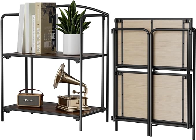 No Assembly Folding Bookshelf for Living Room, 2 Tier Black Collapsible Book Shelf for Home Office, Portable Bookcase Storage Organizer - LeafyLoom