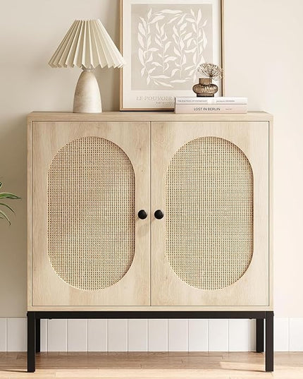 GAOMON Sideboard Buffet Cabinet, Rattan Storage Cabinet, Wood Accent Cabinet with Door and Shelf, Console Cabinet with Storage, Sideboard Cabinet for Hallway, Entryway, Living Room (Natural) - LeafyLoom