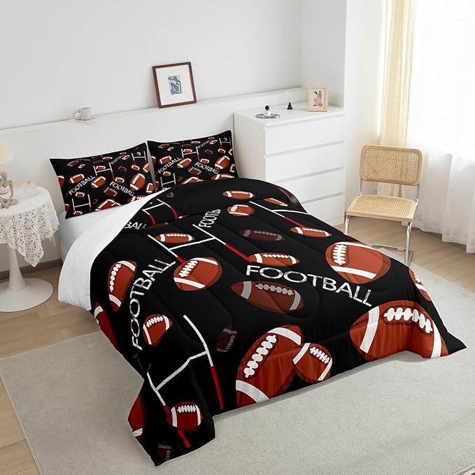 Feelyou Rugby Sports Comforter Set King Size Football Comforter for Kids Teens Adults Soccer Ball Game Bedding Set Gift for Football Lover Duvet Set Room Decor 3Pcs with 2 Pillow Case - LeafyLoom